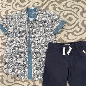 Blue and White Floral Shirt with Navy Shorts